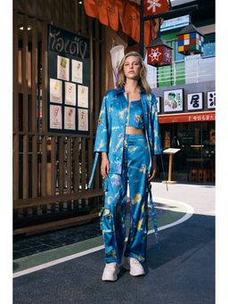 Muvazo - Blue Polyester Satin Printed Co-Ords Sets
