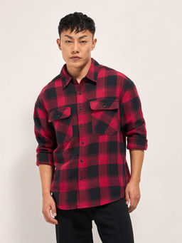 The Bear House - Men's Relaxed Fit Red Check Cotton Casual Shirt