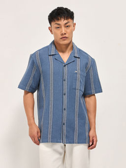 The Bear House - Men's Regular Fit Blue Cotton Textured Stripe Casual Shirt