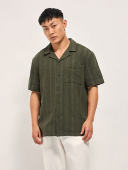 The Bear House - Men's Regular Fit Green Cotton Textured Stripe Casual Shirt