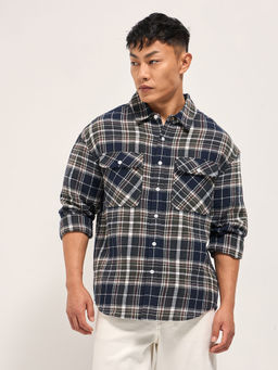 The Bear House - Men's Relaxed Fit Blue Checked Cotton Casual Shirt