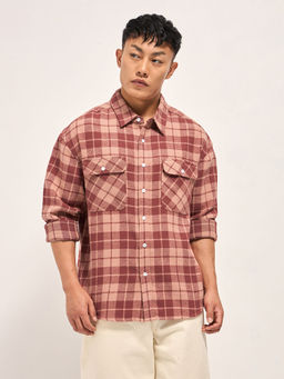 The Bear House - Men's Relaxed Fit Peach Check Cotton Casual Shirt