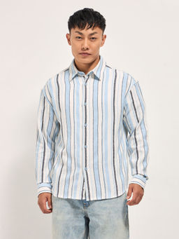 The Bear House - Men's Relaxed Fit Blue Stripe Cotton Casual Shirt