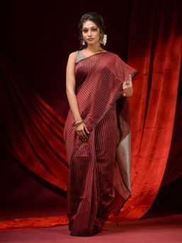 CHARUKRITI - Garnet Red Cotton Silk Handwoven Zari Stripes and Zari Pallu Saree with Unstitched Blouse