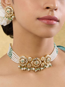 Indinoor - Green Mukta Kundan Choker Necklace with Earrings
