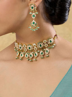 Indinoor - Green Anshika Punjabi Jadau Choker Necklace with Earrings