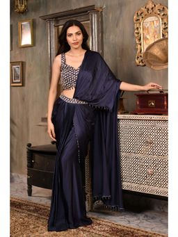 Japnah Gambhir - Navy Blue Satin Drape Saree with Stitched Blouse