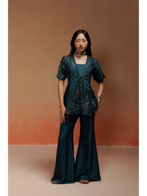 LABEL NAARITI Nadia Abstract Printed Teal Top with Sharara