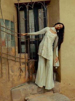 LABEL NAARITI - Aalia Embroidered Gold Tunic with Sharara and Dupatta