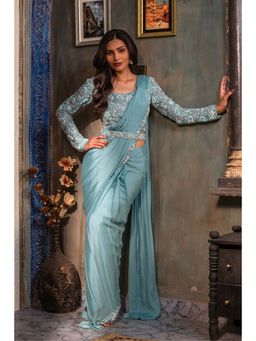 Japnah Gambhir - Sky Blue Drape Saree With Stitched Blouse & Belt
