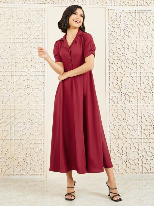 Styli Women Casual Wear V-Neck Solid Puff Sleeves Shirt Maxi Dress
