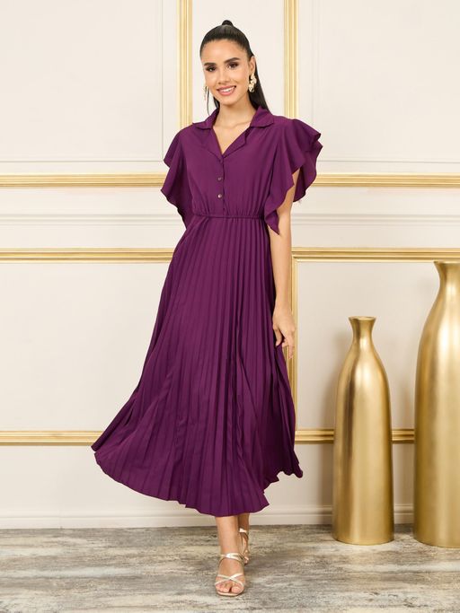 Styli Women Casual Wear V-Neck Solid Flutter Sleeves Accordion Pleated A-Line Maxi Dress