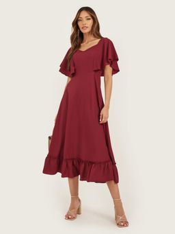 Styli - Women Casual Wear Sweetheart Solid Flared Sleeves A-Line Midi Dress
