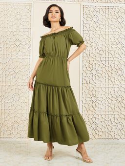 Styli - Women Casual Wear Off-Shoulder Solid Puff Sleeves A-Line Maxi Dress