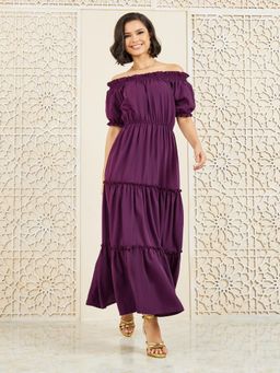 Styli - Women Casual Wear Off-Shoulder Solid Puff Sleeves A-Line Maxi Dress