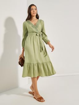 Styli - Women Casual Wear V-Neck Puff Sleeves A-Line Midi Dress (Set of 2)