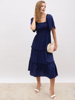 Styli - Women Casual Wear Square Neck Shirred Solid Flared Sleeves A-Line Midi Dress