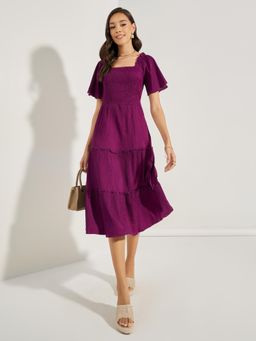 Styli - Women Casual Wear Square Neck Shirred Solid Flutter Sleeves A-Line Midi Dress