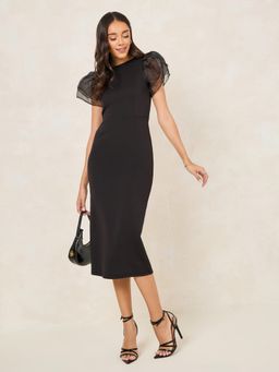 Styli - Women Party Wear Round Neck Solid Flutter Sleeves Bodycon Midi Dress