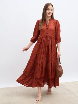 Styli - Womens Brown AOP V Neck Tiered Maxi Dresses