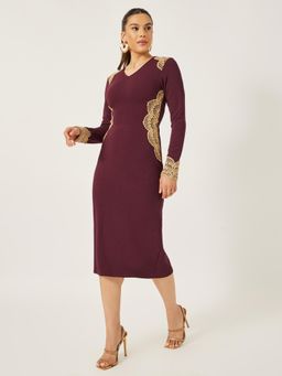 Styli - Women Party Wear V-Neck Embellished Extended Sleeves Bodycon Midi Dress