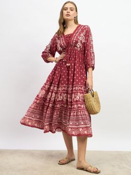 Styli - Women Casual Wear Ethnic Motifs Bohemian Puff Sleeves A-Line Midi Dress