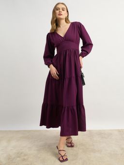 Styli - Women U and F Casual Wear V-Neck Solid Puff Sleeves A-Line Maxi Dress