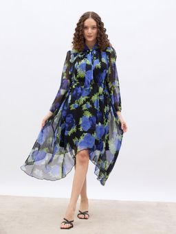 Styli - Women V-Neck Fit And Flare Bishop Sleeves Abstract Midi Dress