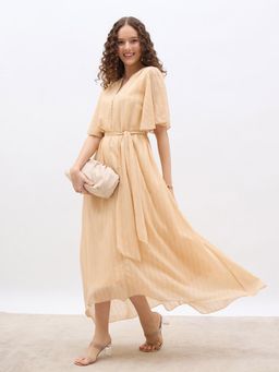 Styli - Women A Line Flare Sleeves Maxi Dress With Belt (Set of 2)