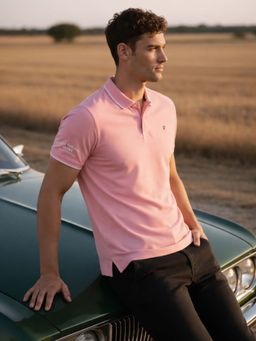 Louis Philippe - Men's Pink Polo T-Shirt with Collar Tipping and Branding on Sleeve