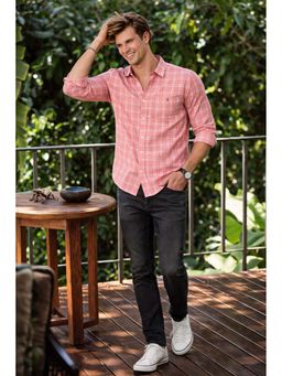 Louis Philippe - Mens Pink Classic Checks Premium Silk Touch Slim fit Casual Shirt