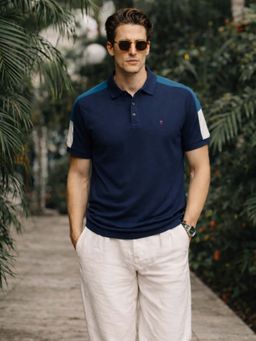 Louis Philippe - Men's Navy Blue Solid Polo Neck T-Shirt