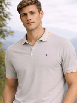 Louis Philippe - Men's Grey Polo T-Shirt with Collar Tipping and Branding on Sleeve