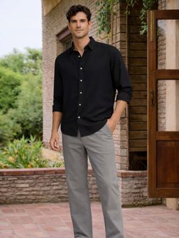 Louis Philippe - Men Grey Solid Flat Front Casual Trousers