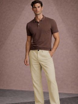 Louis Philippe - Men Beige Solid Flat Front Casual Trousers