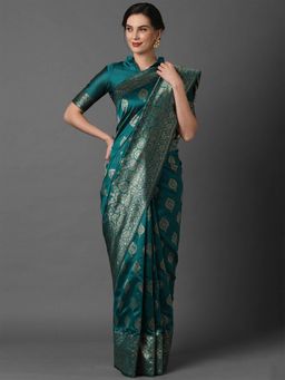 Odette - Teal Blue Festive Silk Blend Woven Design Saree with Unstitched Blouse