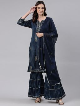 Readiprint - Straight Style Rayon Fabric Navy Blue Color Kurta With Bottom & Dupatta