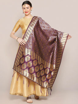 Dupatta Bazaar - Womens Burgundy Banarasi Silk Dupatta with floral Motif design