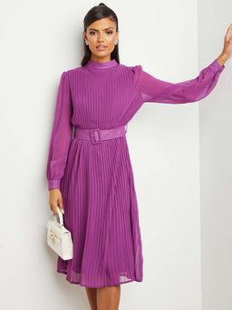 Styli - Purple Pleated High Neck A-line Midi Dress With Belt (Set of 2)