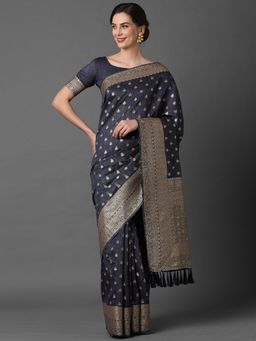 Akhilam - Navy Blue Wedding Silk Blend Woven Design Saree with Unstitched
