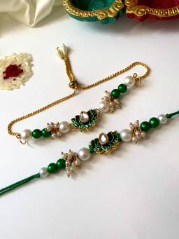 ISHKAARA - Lotus Pearl Rakhi with Bracelet and Roli Chawal (Pack of 2)