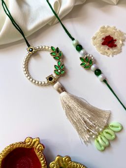 ISHKAARA - Green Pearl Tassel Rakhi with Lumba and Roli Chawal (Pack of 2)
