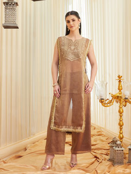 Colors Of Earth - Brown Embroidered Silk Tailored Kurta with Spaghetti Blouse and Palazzo
