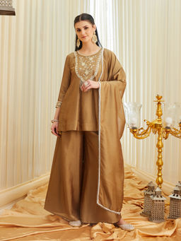 Colors Of Earth - Brown Embroidered Silk Regular Kurti and Palazzo and Dupatta