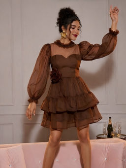 FREO - Brown Solid A-Line Net Dress