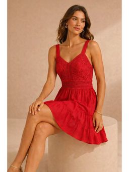 NOBARR - Red Self Design Regular Cotton Dress