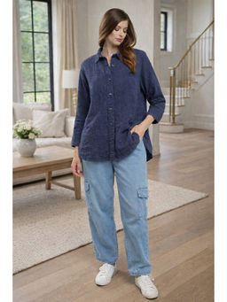 NOBARR - Navy Blue Solid Regular Cotton Shirt