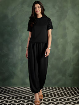 Uptownie - Black Solid Regular Polyester Co-Ord Set