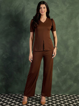 Uptownie - Brown Solid Regular Polyester Co-Ord Set