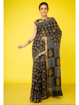Unnati Silks - Black Pure Preet Block Printed Mulmul Cotton Saree with Unstitched Blouse